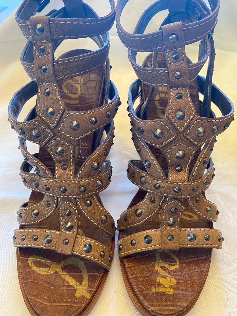 Sam Edelman Keith Tan Leather Studded Caged Gladiator Block Heel Sandals 10M